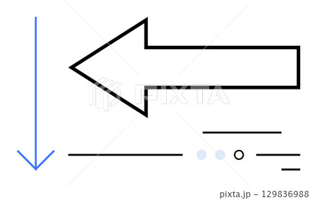 Bold leftward arrow and thin downward arrow with circular and linear accents in minimalist style. Ideal for navigation, direction, guidance, user interfaces, graphic design, presentations Bold leftward arrow and thin downward arrow with circular and linear accents in minimalist style. Ideal for navigation, direction, guidance, user interfaces, graphic design, presentations 129836988