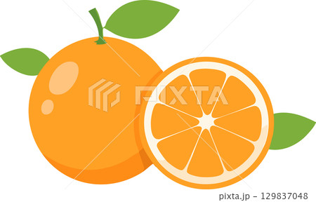 Bright orange fruit with juicy slices and green leaves, perfect for fresh summer Bright orange fruit with juicy slices and green leaves, perfect for fresh summer 129837048