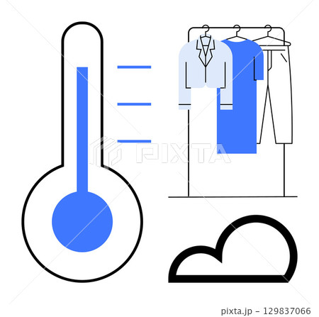 Clothes on hangers drying on a rack next to a thermometer and cloud icon. Ideal for weather, laundry, drying process, home chores, temperature effects, outdoor activities, climate impact. Line 129837066