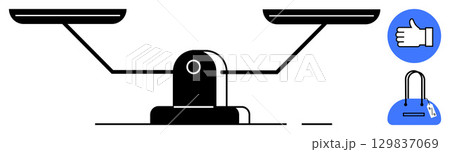 Black and white balancing scale with thumbs up and shopping bag icons indicating comparison. Ideal for consumer ratings, product reviews, shopping decisions, quality assessment, online buying 129837069