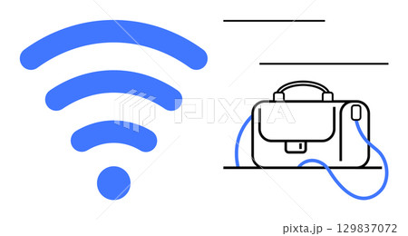 Blue wireless signal waves next to a black-and-white briefcase with a strap. Ideal for technology, business, remote work, connectivity, travel, wireless communication, and office concepts. Line 129837072