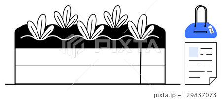 Plants growing in raised garden bed with foliage. Includes garden logbook and bag. Ideal for gardening guides, urban farming, horticulture education, planting schedules, eco-friendly projects Plants growing in raised garden bed with foliage. Includes garden logbook and bag. Ideal for gardening guides, urban farming, horticulture education, planting schedules, eco-friendly projects 129837073
