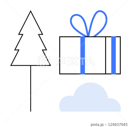 Simple line art of a Christmas tree, gift box with bow, and cloud. Ideal for holiday greetings, festive marketing, seasonal promotions, holiday events, winter celebrations, digital designs art Simple line art of a Christmas tree, gift box with bow, and cloud. Ideal for holiday greetings, festive marketing, seasonal promotions, holiday events, winter celebrations, digital designs art 129837085