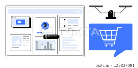 Website dashboard interface with audio input, video, document, and analytics sections, next to a drone carrying a shopping cart icon. Ideal for e-commerce, online shopping, technology, digital Website dashboard interface with audio input, video, document, and analytics sections, next to a drone carrying a shopping cart icon. Ideal for e-commerce, online shopping, technology, digital 129837091