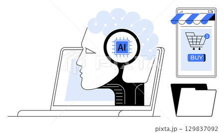 Human-like head with AI chip on laptop, shopping cart on smartphone, folder. Ideal for technology, AI advancement, e-commerce, digital innovation, business automation. Minimalist vector art style Human-like head with AI chip on laptop, shopping cart on smartphone, folder. Ideal for technology, AI advancement, e-commerce, digital innovation, business automation. Minimalist vector art style 129837092