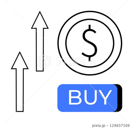 Dollar sign coin, upward pointing arrows, and blue BUY button symbolizing financial growth and investment. Ideal for finance, investment, stock market, trading, business growth, online shopping 129837108