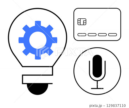 Lightbulb with blue gear representing innovation, credit card for financial technology, and microphone for communication. Ideal for technology, finance, communication, creativity, solutions, modern Lightbulb with blue gear representing innovation, credit card for financial technology, and microphone for communication. Ideal for technology, finance, communication, creativity, solutions, modern 129837110