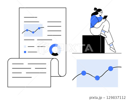 Person reviewing documents with charts, graphs, and pie chart in a modern setting. Ideal for business analysis, research, finance, data visualization, technology education project management. Line Person reviewing documents with charts, graphs, and pie chart in a modern setting. Ideal for business analysis, research, finance, data visualization, technology education project management. Line 129837112