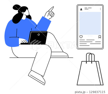 Woman sitting with laptop pointing at social media feed, shopping bag beside her. Ideal for e-commerce, online shopping, social media marketing, remote work, digital engagement, influencer marketing Woman sitting with laptop pointing at social media feed, shopping bag beside her. Ideal for e-commerce, online shopping, social media marketing, remote work, digital engagement, influencer marketing 129837115