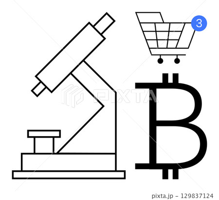 Laboratory microscope, Bitcoin symbol, and shopping cart with notification icon indicating three new items. Ideal for biotechnology, innovation, online shopping, cryptocurrency, research, digital 129837124