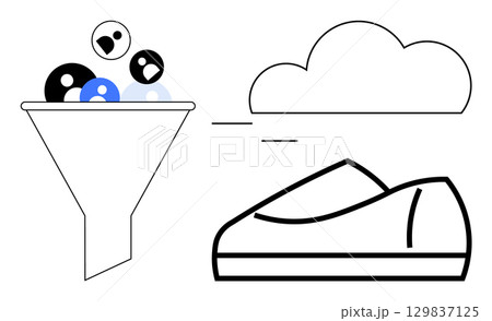 Funnel filled with leads, cloud icon, and shoe representing customer conversion. Ideal for digital marketing, sales processes, lead conversion, e-commerce, data storage, cloud computing, business Funnel filled with leads, cloud icon, and shoe representing customer conversion. Ideal for digital marketing, sales processes, lead conversion, e-commerce, data storage, cloud computing, business 129837125