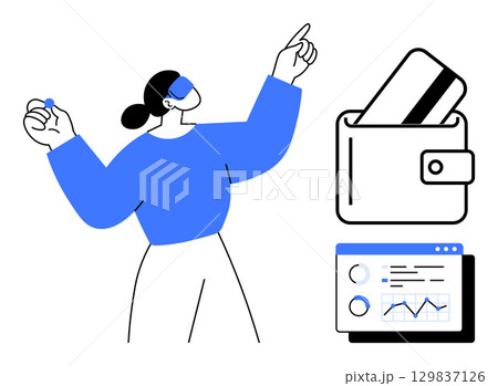 Person pointing upwards while viewing data charts on a screen, a large wallet with a credit card. Ideal for finance, online banking, e-commerce, digital payments, financial planning, cyber security Person pointing upwards while viewing data charts on a screen, a large wallet with a credit card. Ideal for finance, online banking, e-commerce, digital payments, financial planning, cyber security 129837126