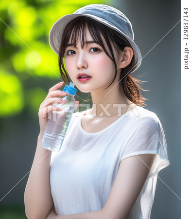 水分補給をする帽子を被った女性 129837143