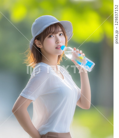 水分補給をする帽子を被った女性 129837152