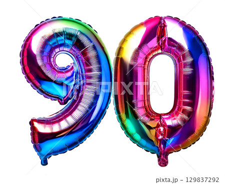 数字の90の形のホログラムカラーの風船 129837292