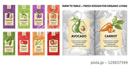 Vintage Vegetable Label and Flyer Design Kit. Retro Sketch Templates for Organic Packaging, Restaurant Menus, and Farm Branding 129837394