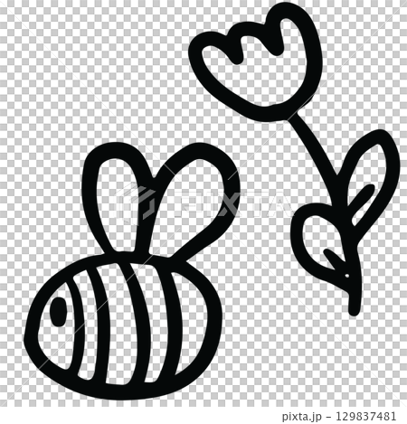 Hand drawn bee outline for kid colouring book, animal, insect, decorations, spring, summer, picnic, park, home yard, stickers, tattoo, blossom, blooming, cute patch, brooch, nature, garden, flowers	 129837481