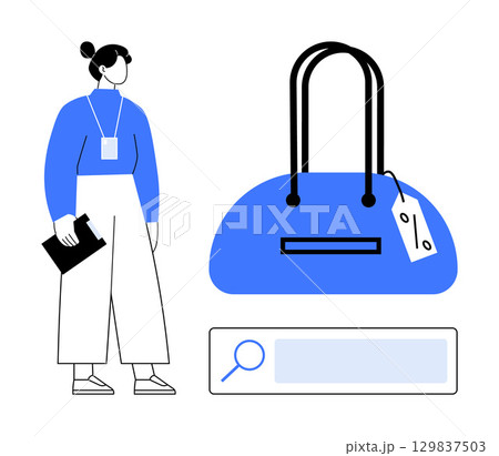 Woman holding clipboard, standing near a handbag with a price tag, search bar below. Ideal for e-commerce, online shopping, fashion retail, product search, price comparison, consumer habits 129837503
