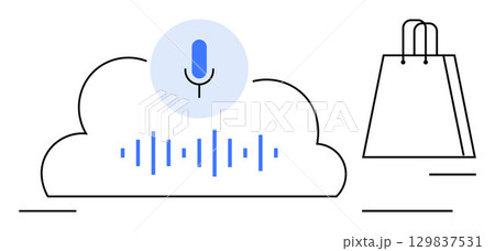 Cloud with microphone and audio waveforms representing voice commands. Shopping bag symbolizes e-commerce. Ideal for tech, communication, retail, innovation, e-commerce, AI, and automation themes 129837531