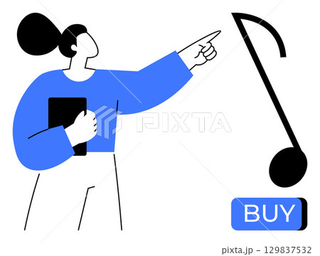 Woman holds a tablet and points at a musical note above a BUY button. Ideal for digital music, e-commerce, online shopping, music recommendations, tech advancements, digital content, marketing. Line 129837532