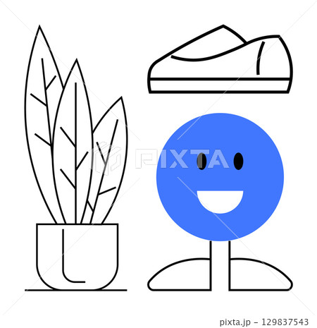 Smiling blue face with black eyes and white mouth, sports shoes above, potted plant with large leaves on left. Ideal for web design, advertisements, posters, educational materials, infographics 129837543