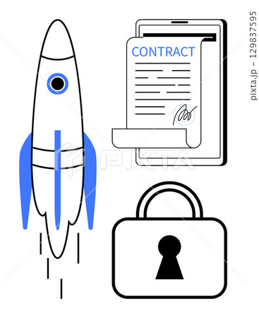 Rocket launching, signed contract on clipboard, and locked padlock. Ideal for entrepreneurship, security, business agreements, innovation, technology development startups and legal frameworks. Line Rocket launching, signed contract on clipboard, and locked padlock. Ideal for entrepreneurship, security, business agreements, innovation, technology development startups and legal frameworks. Line 129837595