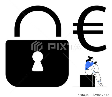 Large black padlock and Euro symbol with a person sitting and using a mobile device. Ideal for financial security, privacy, digital safety, encryption, online banking, fraud prevention 129837642