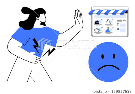 Woman raises hand to stop while holding her side with electric shock symbols. Sad face and online profiles. Ideal for cybersecurity, online safety, digital awareness, fraud prevention, user Woman raises hand to stop while holding her side with electric shock symbols. Sad face and online profiles. Ideal for cybersecurity, online safety, digital awareness, fraud prevention, user 129837658
