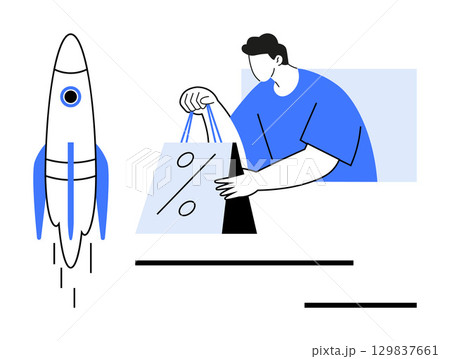 Man in blue shirt holding a shopping bag with a percentage discount symbol. Rocket launching on the left side. Ideal for e-commerce, sales, marketing, launching products, promotions, startup Man in blue shirt holding a shopping bag with a percentage discount symbol. Rocket launching on the left side. Ideal for e-commerce, sales, marketing, launching products, promotions, startup 129837661