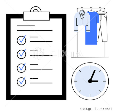 Clipboard with checklist, clothing rack with shirts and pants, analog clock. Ideal for productivity, time-saving, planning, organization, wardrobe management efficiency and goal setting. Line Clipboard with checklist, clothing rack with shirts and pants, analog clock. Ideal for productivity, time-saving, planning, organization, wardrobe management efficiency and goal setting. Line 129837681