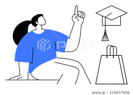Person with raised finger, blue shirt. Graduation cap and shopping bag nearby. Ideal for education, learning, achievement, shopping, goals success and growth. Line metaphor 129837686