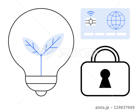 Lightbulb with leaf representing eco-innovation, secure padlock symbolizing data security, and world connectivity via a satellite chip. Ideal for technology, environment, security, innovation Lightbulb with leaf representing eco-innovation, secure padlock symbolizing data security, and world connectivity via a satellite chip. Ideal for technology, environment, security, innovation 129837689