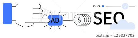 Hand clicking ad button emitting light, connected to dollar coins and SEO. Ideal for online marketing, digital strategy, SEO, PPC, advertising, e-commerce content marketing. Line metaphor Hand clicking ad button emitting light, connected to dollar coins and SEO. Ideal for online marketing, digital strategy, SEO, PPC, advertising, e-commerce content marketing. Line metaphor 129837702
