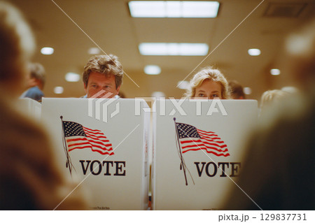 Two people are voting in a booth 129837731