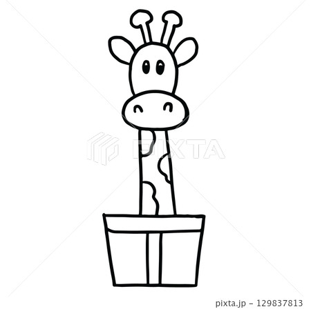 Hand drawn outline of giraffe in a gift box for festive season, children, zoo, souvenir shop, animal, sticker, tattoo, cute patch, brooch, plush toy, cartoon character, department store, kid zone	 129837813