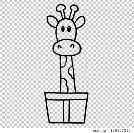 Hand drawn outline of giraffe in a gift box for festive season, children, zoo, souvenir shop, animal, sticker, tattoo, cute patch, brooch, plush toy, cartoon character, department store, kid zone	 129837813
