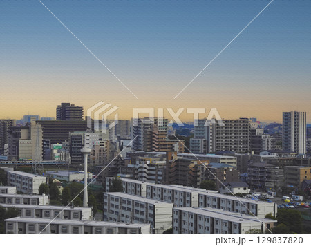 夕暮れの東京、マンションの並ぶ街並み。イラスト風の写真。 夕暮れの東京、マンションの並ぶ街並み。イラスト風の写真。 129837820
