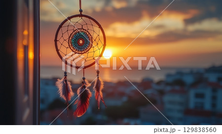 Dreamcatcher on the window with sunset on the bachground 129838560