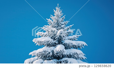 The snow covered Christmas tree contrasts 129838620