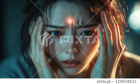 Woman experiencing intense headache, with visible pain point 129838622