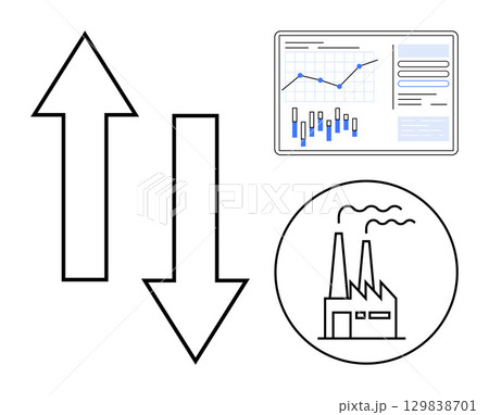 Upward and downward arrows next to a line graph with bar chart and a factory emitting smoke. Ideal for economic trends, market analysis, industry reports, financial presentations, environmental Upward and downward arrows next to a line graph with bar chart and a factory emitting smoke. Ideal for economic trends, market analysis, industry reports, financial presentations, environmental 129838701