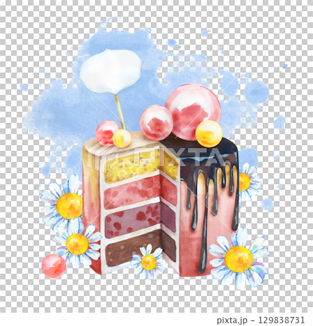 Watercolor holiday cake with bright decor and daisies on the background of a blue watercolor spot. The illustration is isolated on a white background. Dessert template for postcards, invitations Watercolor holiday cake with bright decor and daisies on the background of a blue watercolor spot. The illustration is isolated on a white background. Dessert template for postcards, invitations 129838731