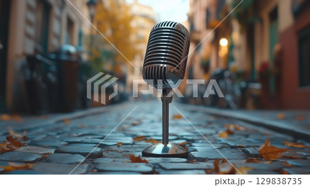 A metal microphone standing on a noisy European street. 129838735