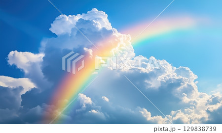 A vibrant rainbow forms above fluffy white clouds against a bright blue sky 129838739