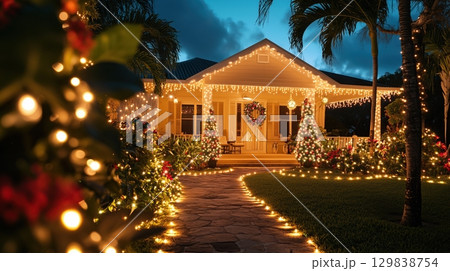 Christmas lights and decorations on tropical suburban house exterior 129838754