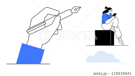 Hand holding a fountain pen, woman reading a tablet while seated on a block, blue and white color scheme. Ideal for education, creativity, work, technology, communication, minimalism productivity 129838841