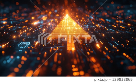 Glowing orange up arrow on dark digital background Glowing orange up arrow on dark digital background 129838869