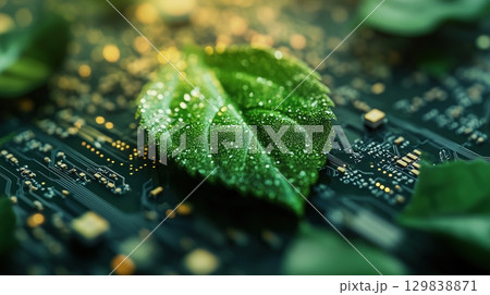 Green microchip with leaf design symbolizing eco-friendly technology Green microchip with leaf design symbolizing eco-friendly technology 129838871