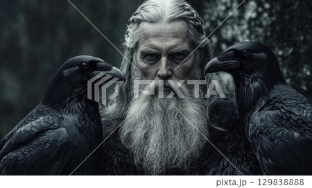 Norse god Odin with his two ravens Huginn and Muninn 129838888