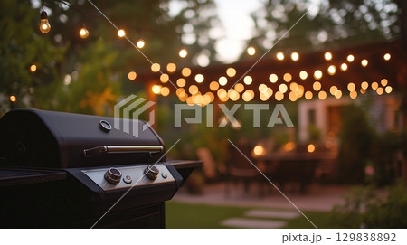 Outdoor evening scene with a barbecue grill in focus 129838892